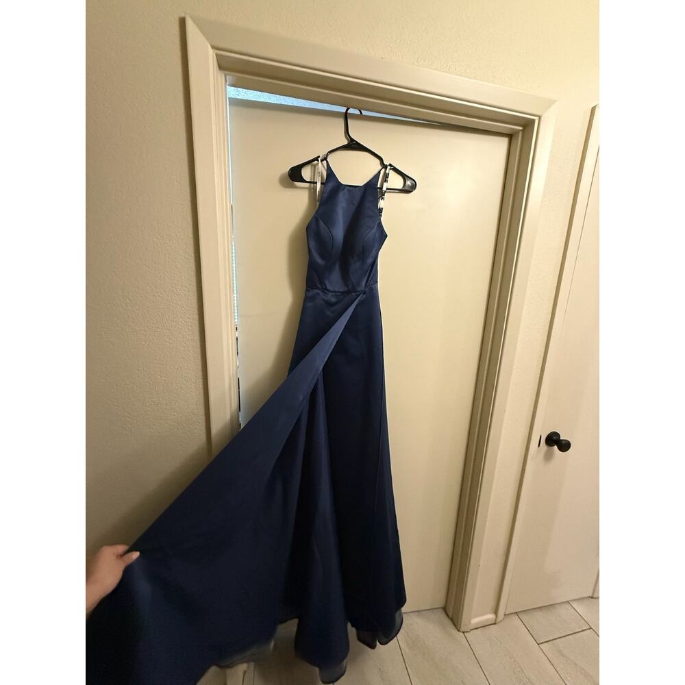 Ntrigue by Blush Womens Size 0 Navy Blue Satin Formal Prom Dress Open Back Gown
